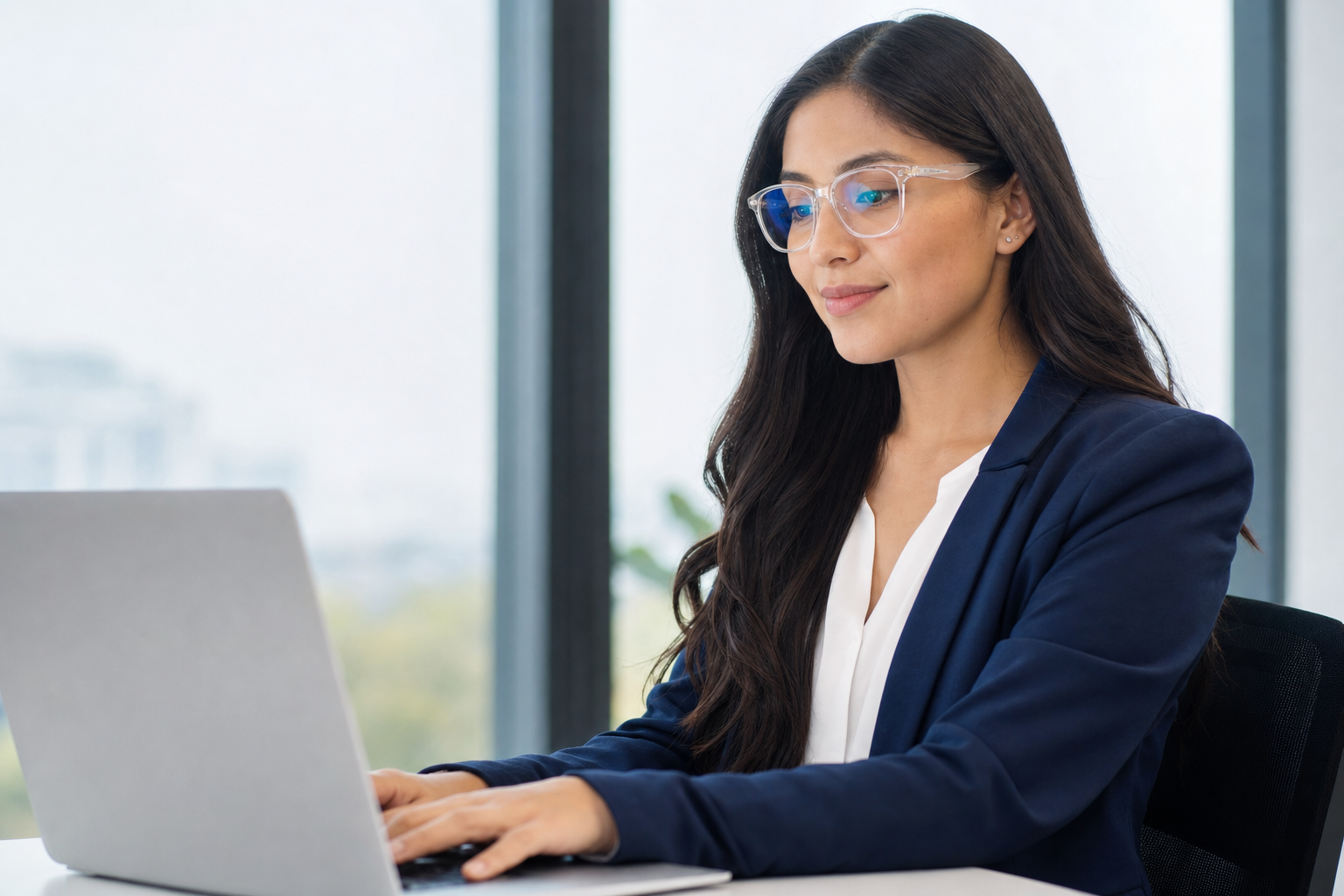 Mujer usando lentes modernos para trabajar con comodidad visual