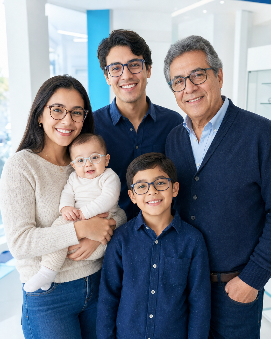 Familia de distintas edades usando lentes