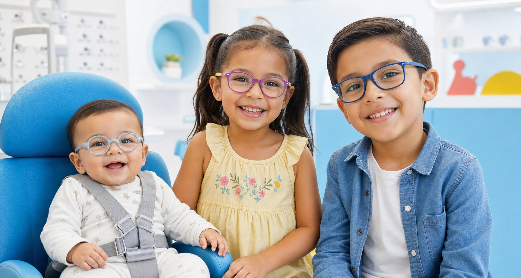 Bebé y dos niños usando armazones infantiles flexibles