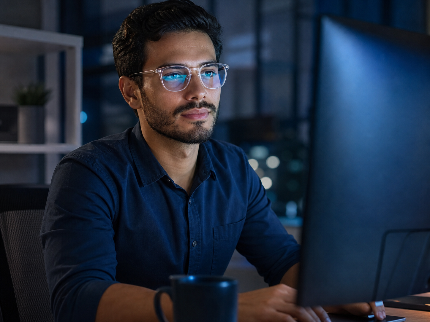 Profesional usando lentes con filtro de luz azul frente a una computadora