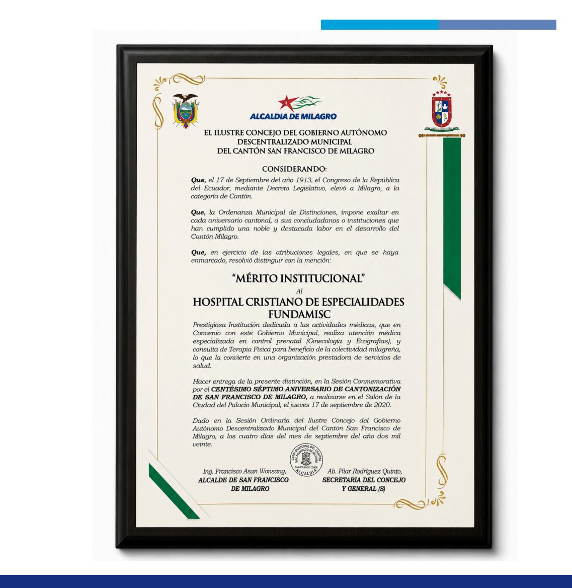 Reconocimiento de la Alcaldía de Milagro a FUNDAMISC en 2020