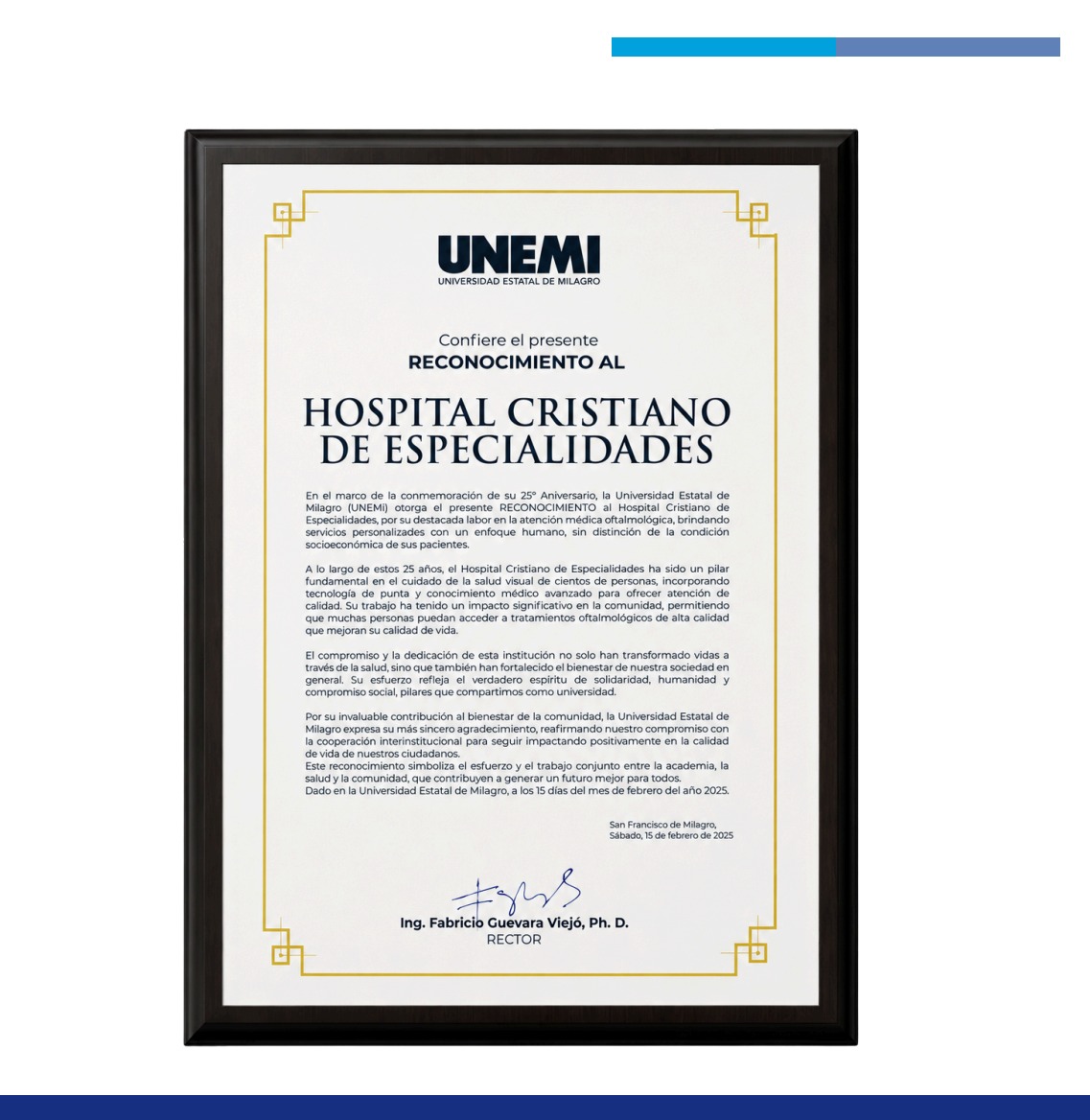 Reconocimiento de UNEMI al Hospital Cristiano de Especialidades