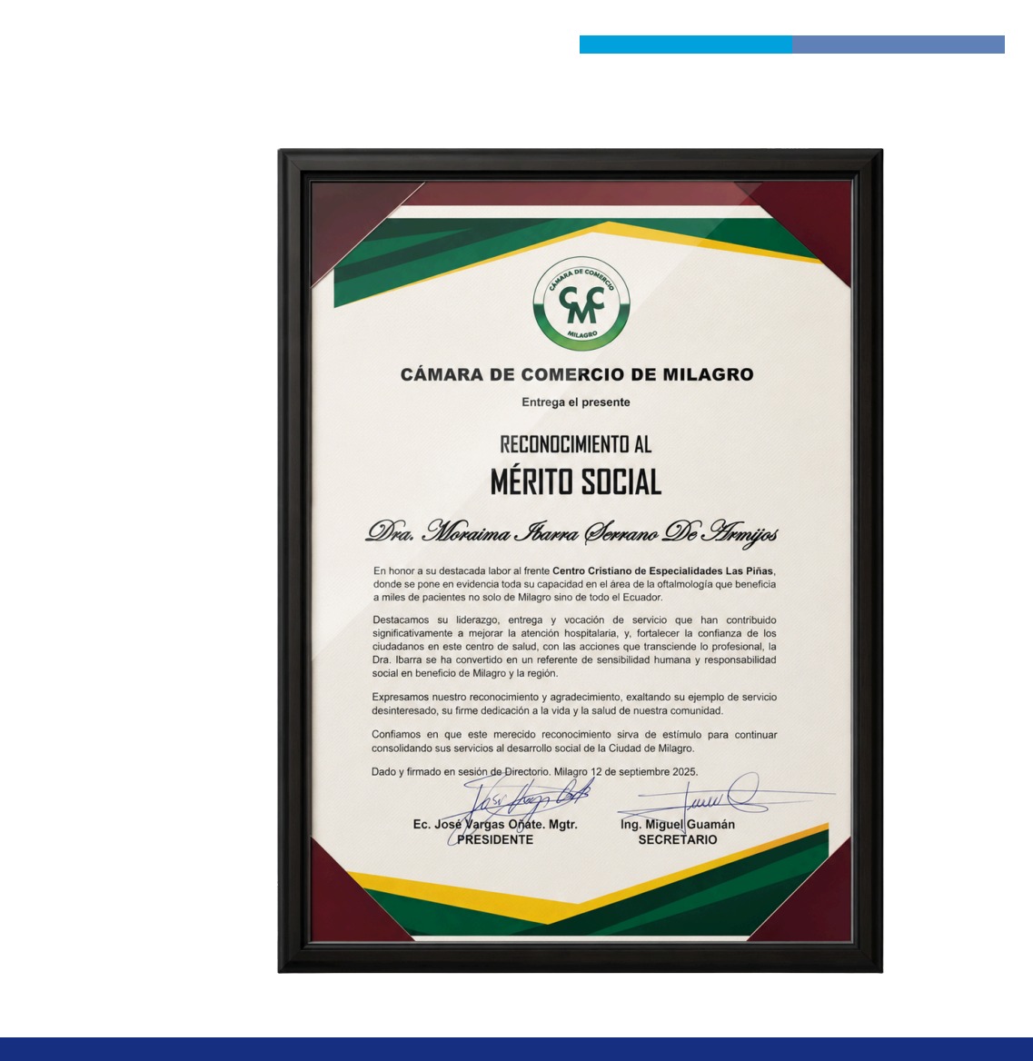 Reconocimiento de la Cámara de Comercio de Milagro