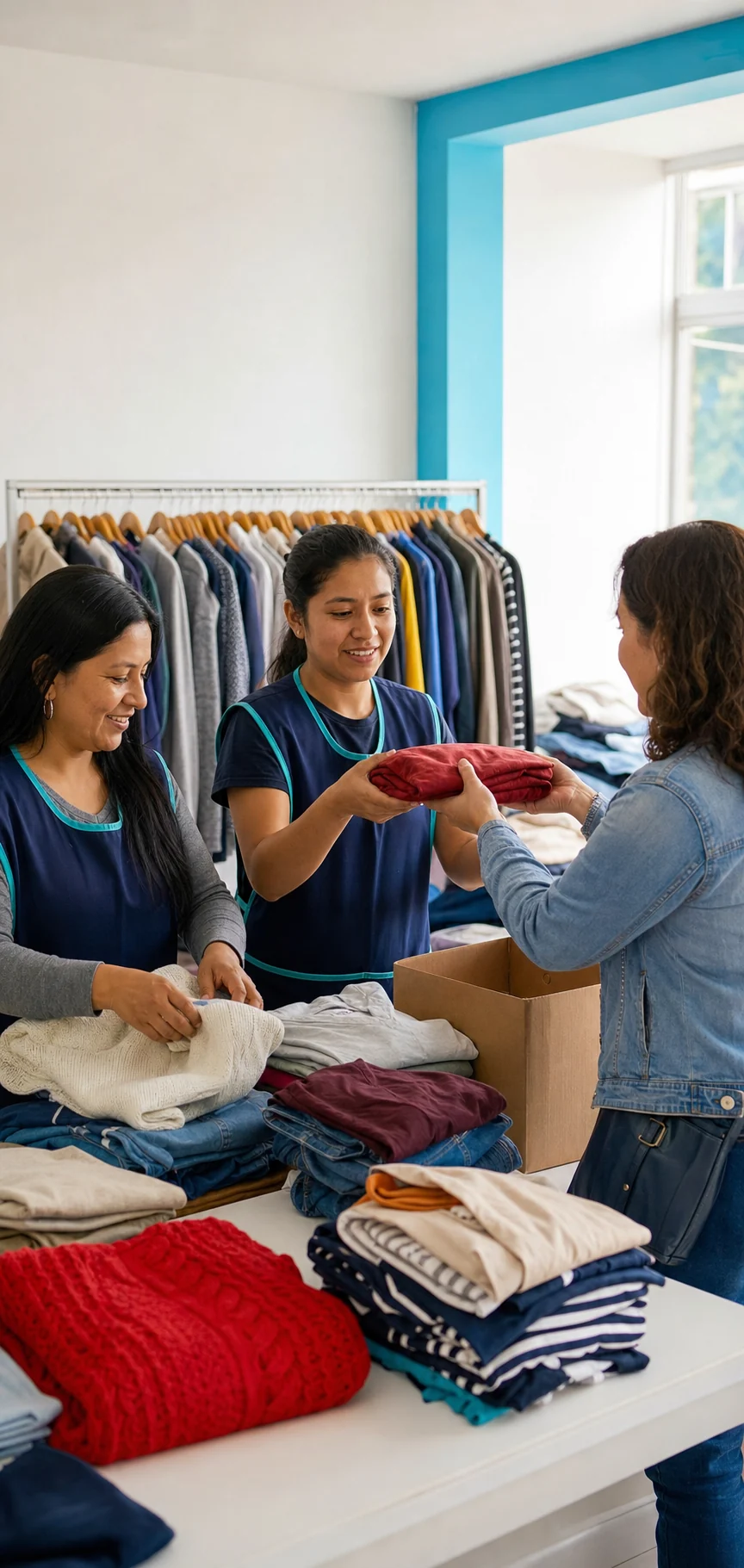 Voluntarias recibiendo y organizando ropa para la venta de garaje solidaria