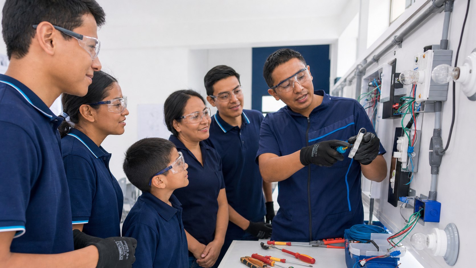 Participantes aprendiendo instalaciones eléctricas seguras para el hogar