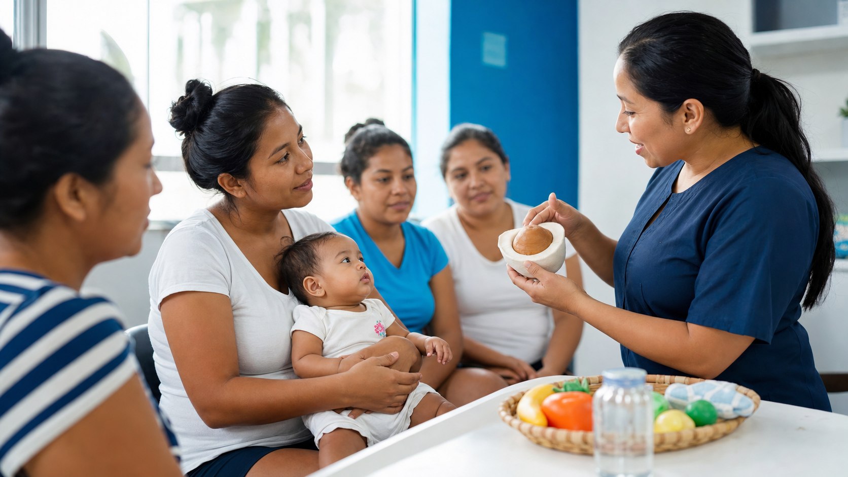 Madres aprendiendo sobre nutrición y cuidado infantil en el taller Yo amo a mi bebé